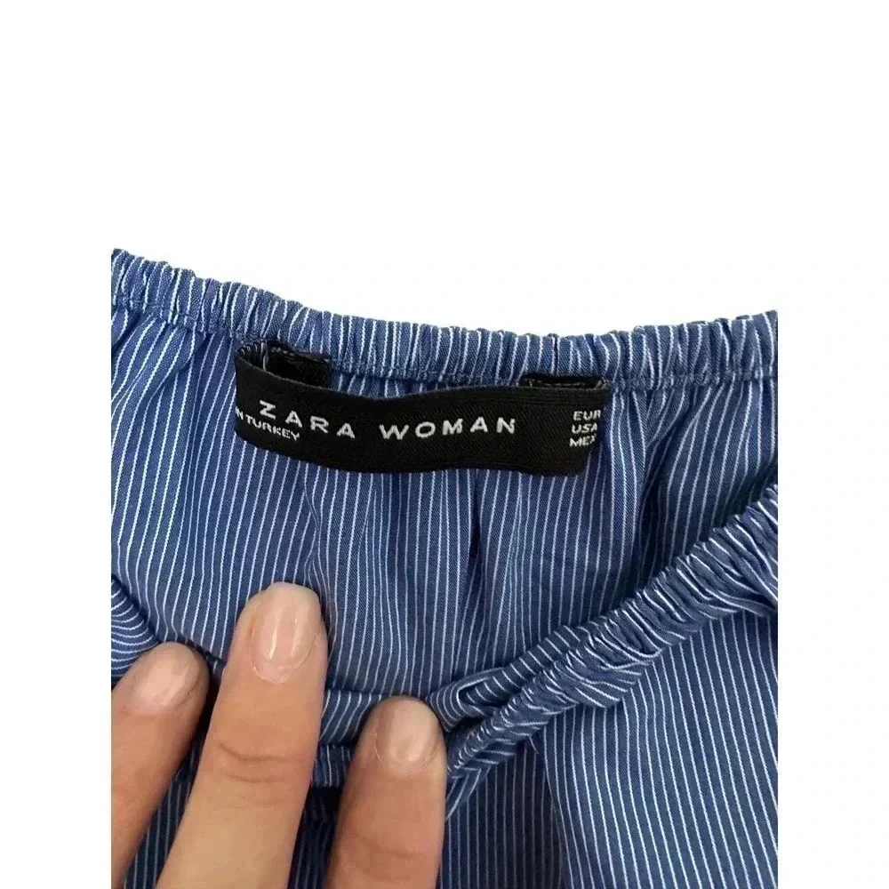 Zara Woman Blue White Pinstriped Ruched Puff‎ Sleeve Off Shoulder Top Size S